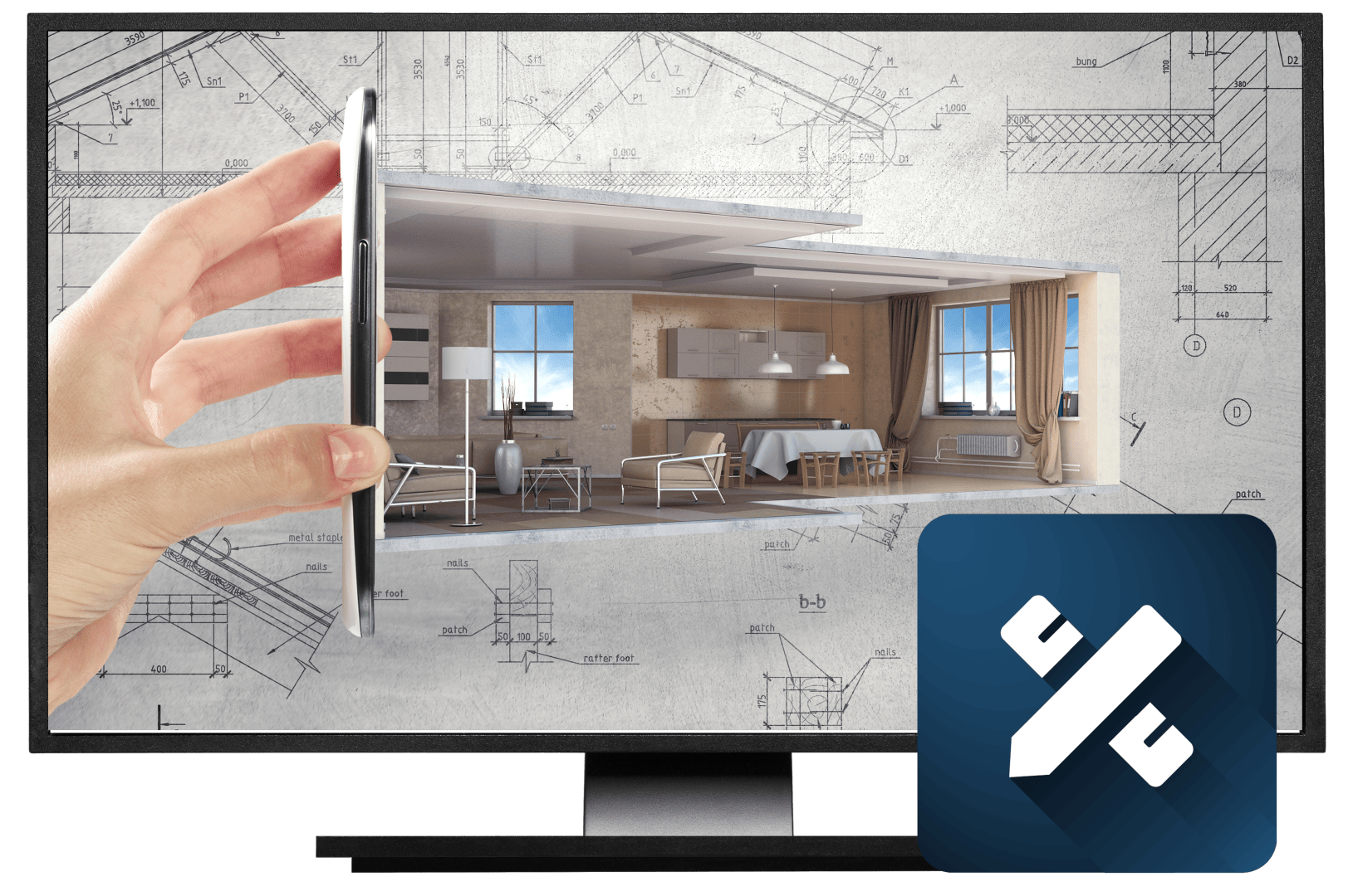 Eine Hand hält ein Smartphone, auf dem ein 3D-Raummodell zu sehen ist, das aus dem Bildschirm zu kommen scheint, mit Bauplänen im Hintergrund und einem Symbol für eine Design-App in der unteren rechten Ecke.