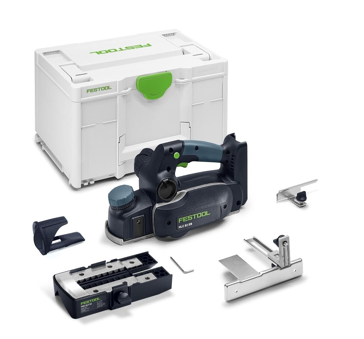 Un rabot à main électrique Festool avec différents embouts et accessoires est exposé devant une mallette de rangement Festool blanche. Les outils et les pièces sont clairement disposés sur un fond blanc.