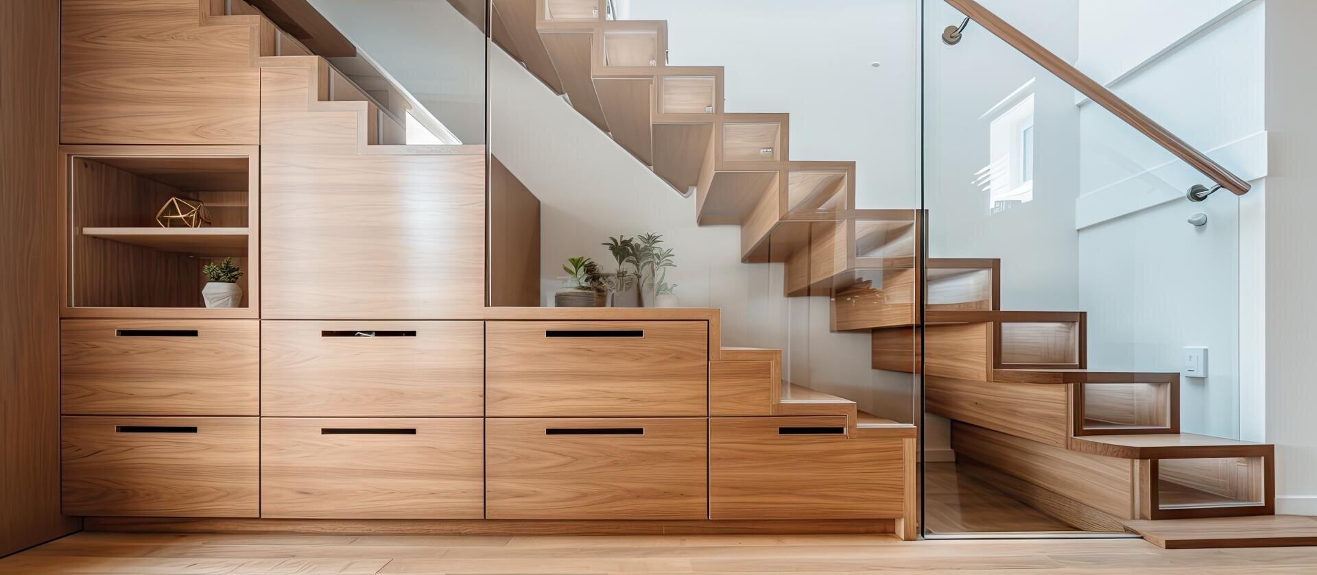 Moderne Holztreppe mit eingebauten Schubladen und Regalen darunter, Glasgeländer und minimalistischem Dekor, einschließlich kleiner Pflanzen, in einem hellen, zeitgenössischen Interieur.