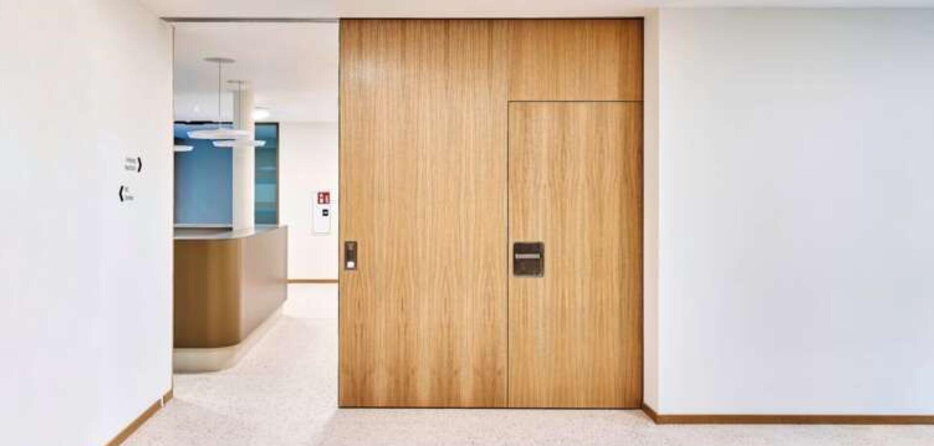 Ein minimalistischer Innenraum mit einer großen Holztür, hinter der sich eine kleinere Tür verbirgt. Auf der linken Seite sind ein moderner Empfangstresen und Beleuchtungskörper teilweise sichtbar, mit weißen Wänden und einer klaren, hellen Atmosphäre.