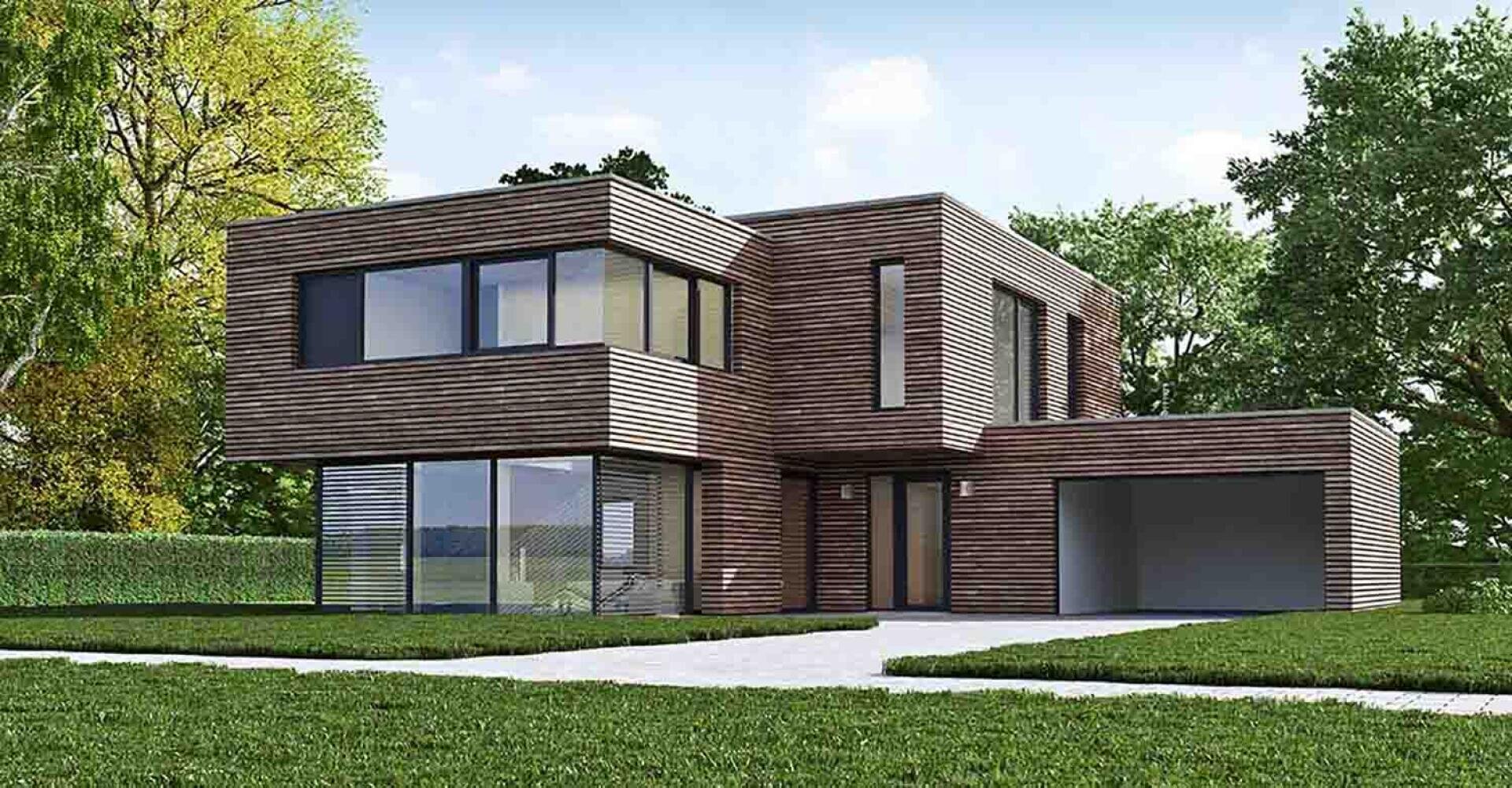 Modernes zweistöckiges Haus mit Flachdach und horizontalen Holzlatten an der Außenseite, großen Fenstern, angebauter Garage und einem gepflegten Rasen, umgeben von grünen Bäumen und Hecken.