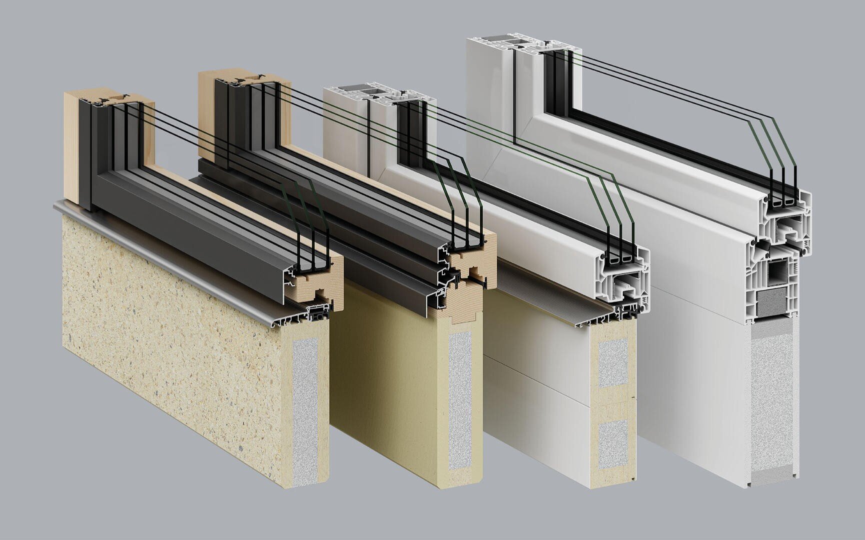 Drei Querschnittsdarstellungen verschiedener Fensterrahmenkonstruktionen zeigen Schichten von Glasscheiben, Dämmstoffen und Rahmen aus Holz, Verbundwerkstoff und PVC auf grauem Hintergrund.
