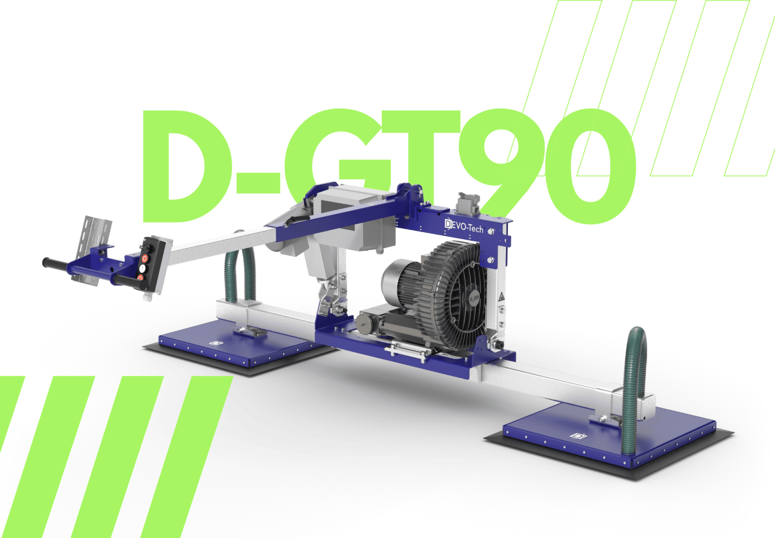 Une machine industrielle bleue et argentée portant l'inscription BGT90 est représentée sur un fond blanc avec des bandes diagonales vertes et l'inscription D-GT90 en gros caractères, et montre des interrupteurs de commande, un moteur et des pieds de support.