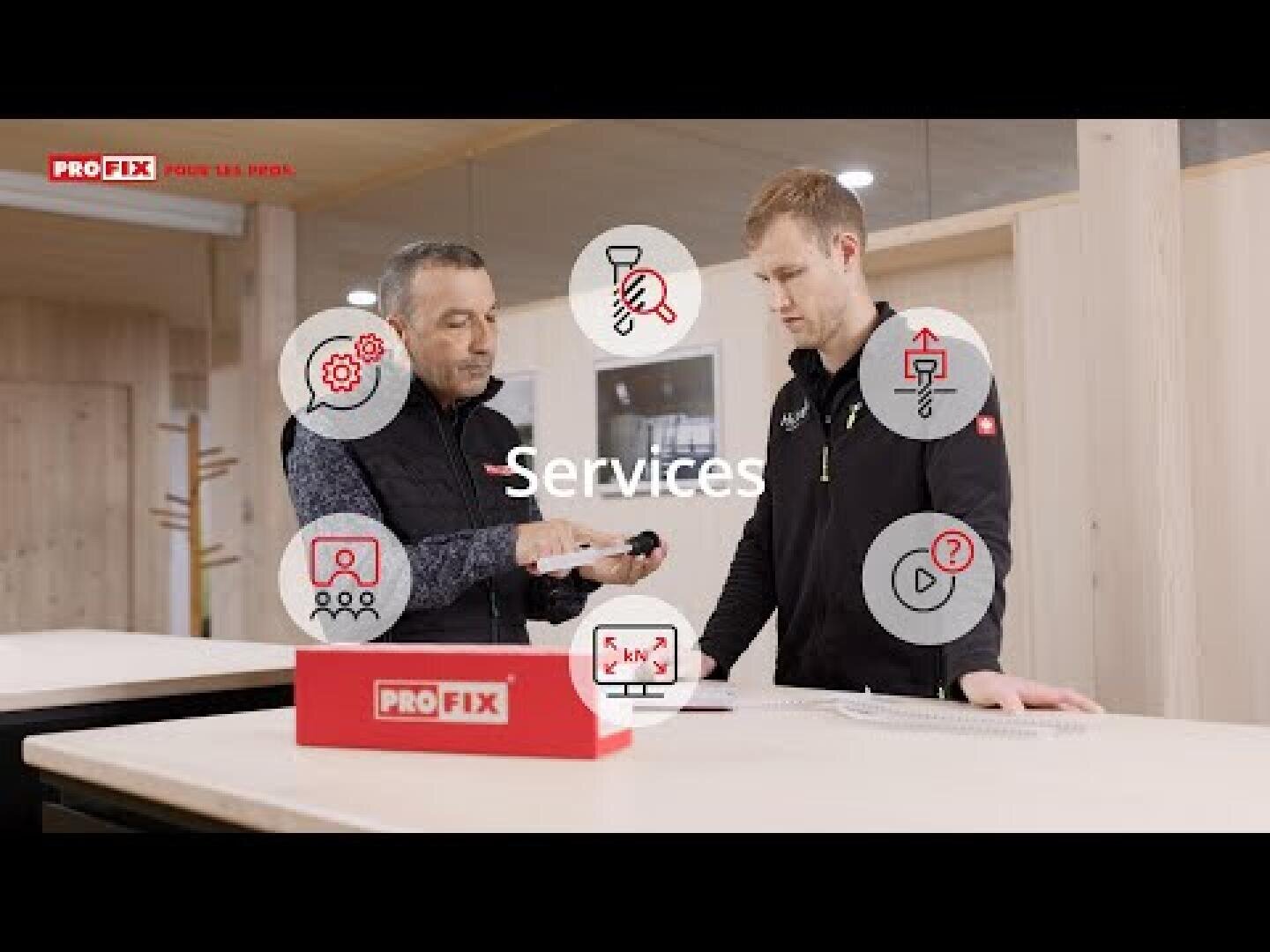 Deux hommes sont assis à une table et discutent d'un petit objet. La marque PROFIX et une boîte sont visibles au premier plan. Des icônes représentant différents services apparaissent autour d'eux, avec le mot "Services" au centre.