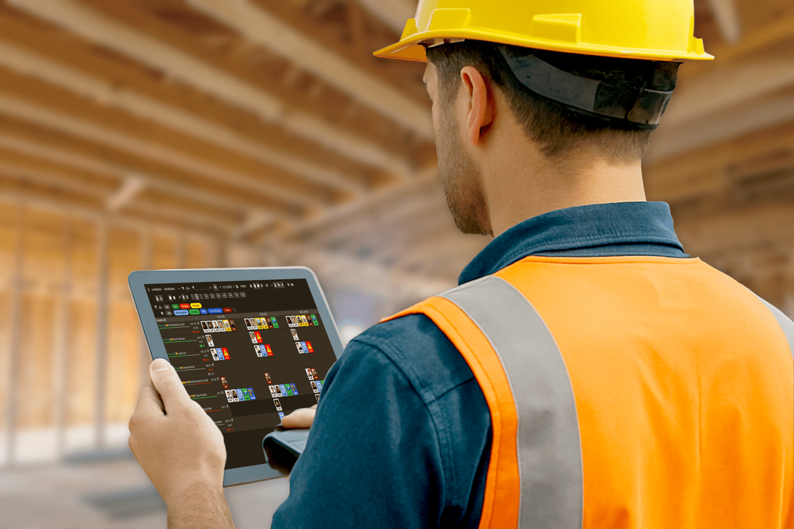 Ein Bauarbeiter mit gelbem Schutzhelm und orangefarbener Weste verwendet ein Tablet, auf dem eine Projektmanagement-App angezeigt wird, während er in einer teilweise gebauten Holzkonstruktion steht.