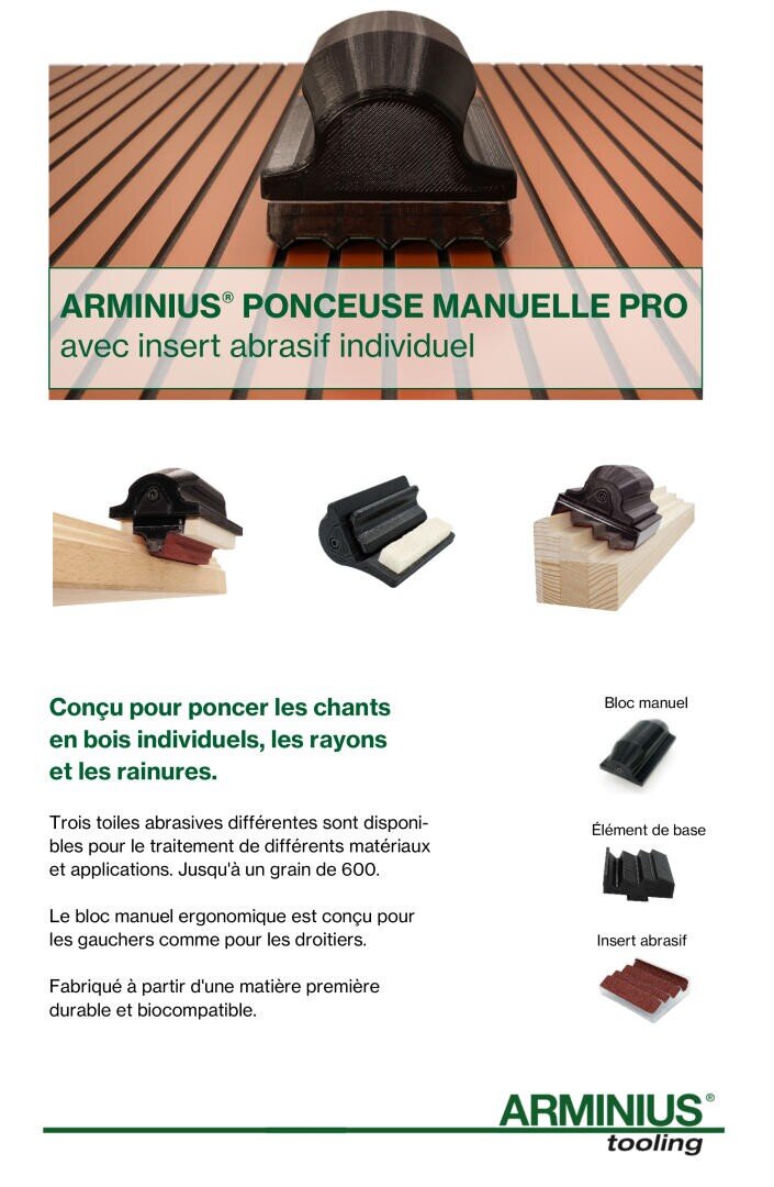 Publicité pour la ponceuse manuelle ARMINIUS, montrant l'outil sur du bois, ses composants, et un texte décrivant sa conception ergonomique et son utilisation pour poncer les bords, les courbes et les rainures du bois.