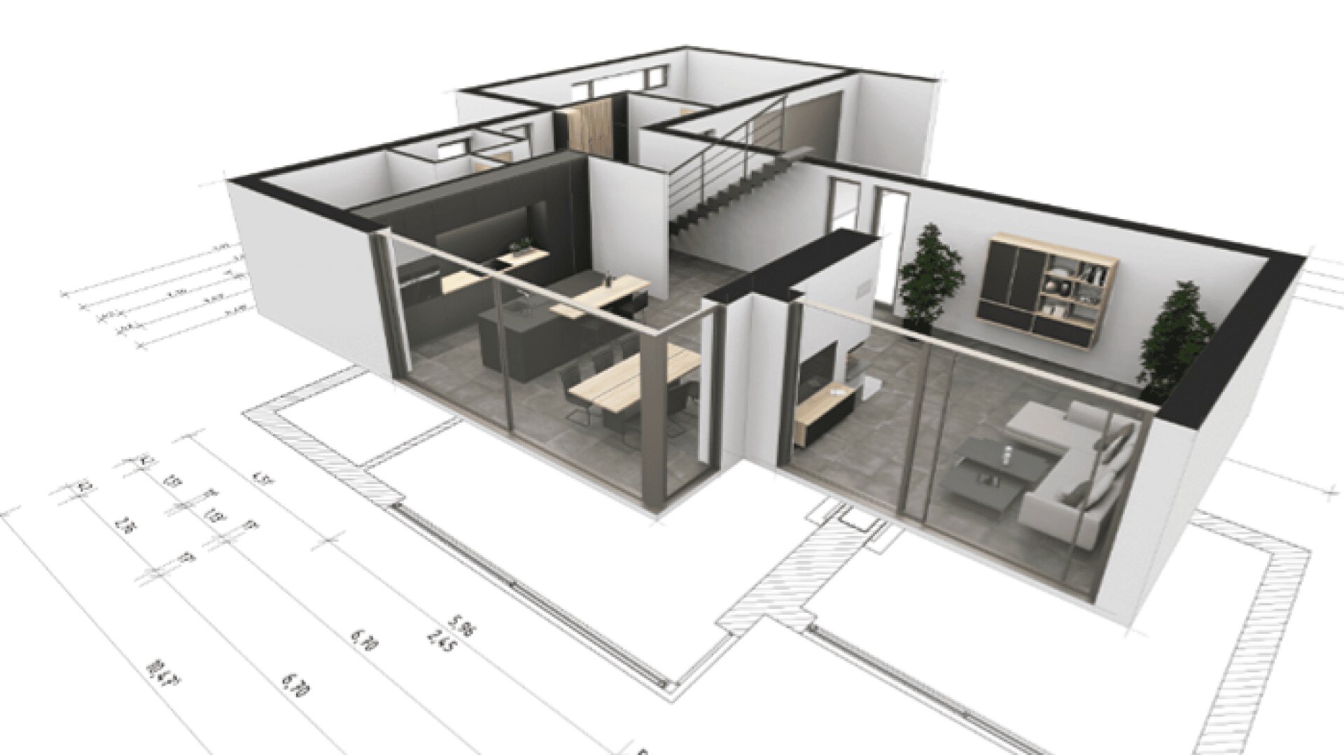 3D-gerenderter Grundriss, der das Innere eines modernen Hauses mit großen Glaswänden, offenen Wohn- und Essbereichen, einer Treppe, Büroräumen und im Grundriss markierten Maßen zeigt.
