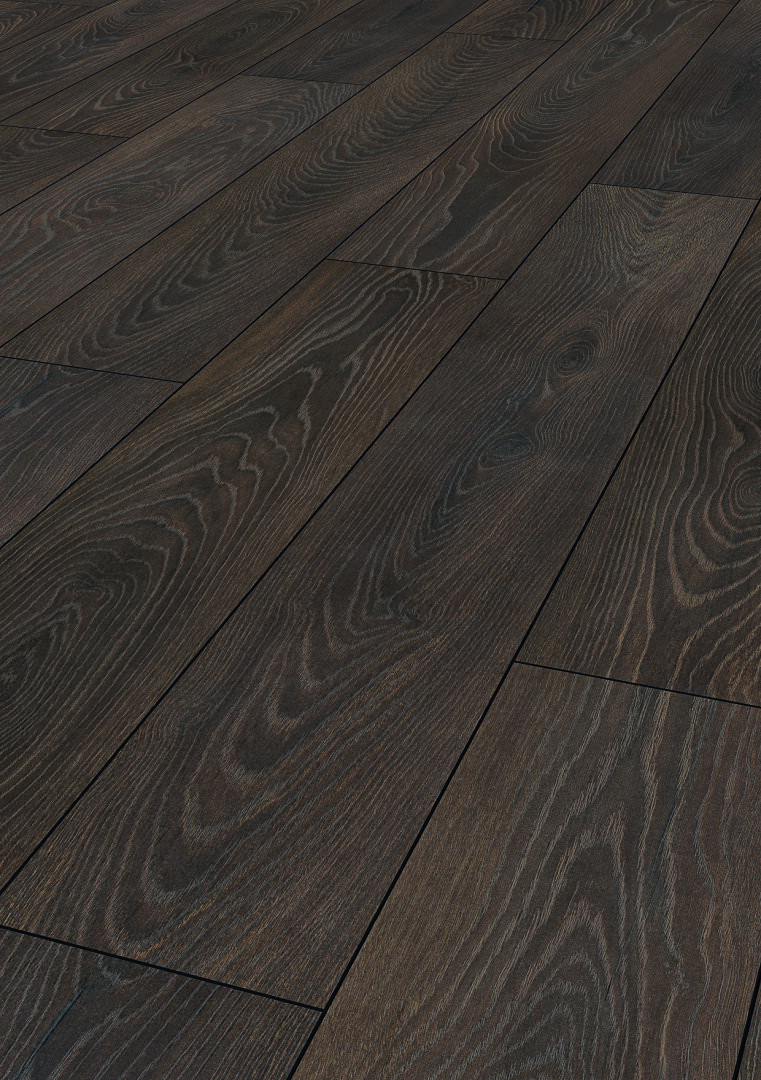 Plancher en bois brun foncé avec de larges planches, des motifs subtils de grain de bois et une texture naturelle visible sur toute la surface, créant une apparence chaleureuse et élégante.