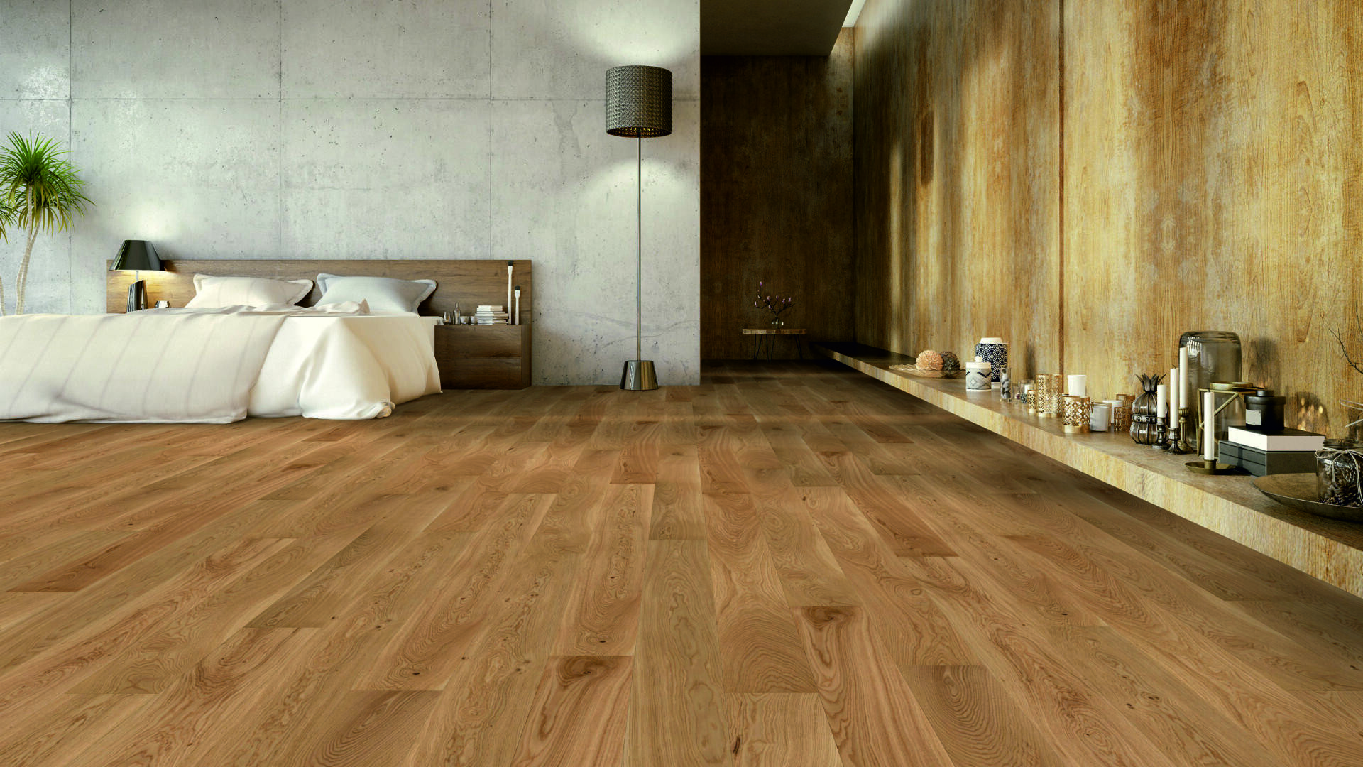 Une chambre à coucher moderne avec un lit en bois, des draps blancs, un lampadaire, une plante en pot et un large plancher en bois. La pièce présente des murs en béton et texturés, ainsi qu'une longue étagère basse sur laquelle sont posés des objets décoratifs.