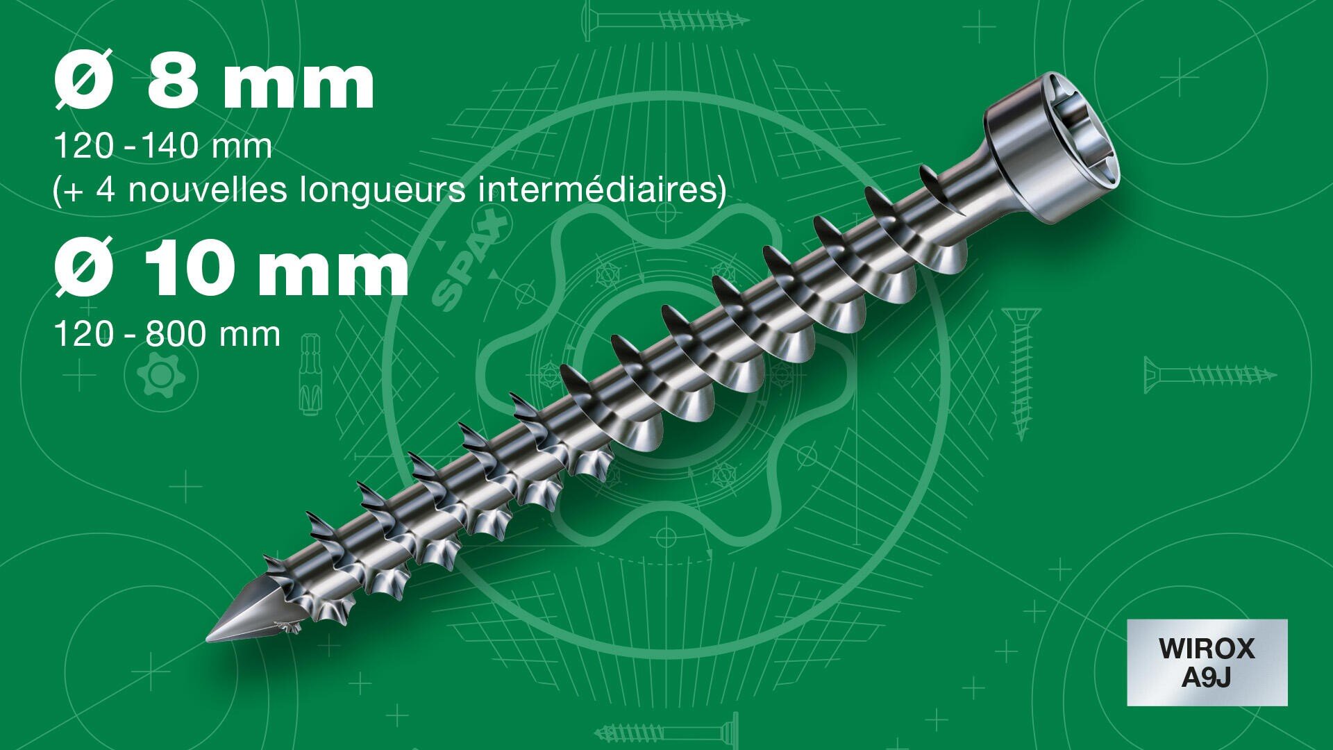 Une grande vis métallique est présentée sur un fond technique vert avec un texte indiquant les tailles disponibles : 8 mm de diamètre (120-140 mm) et 10 mm de diamètre (120-800 mm). Le logo WIROX A9J apparaît dans le coin inférieur droit.