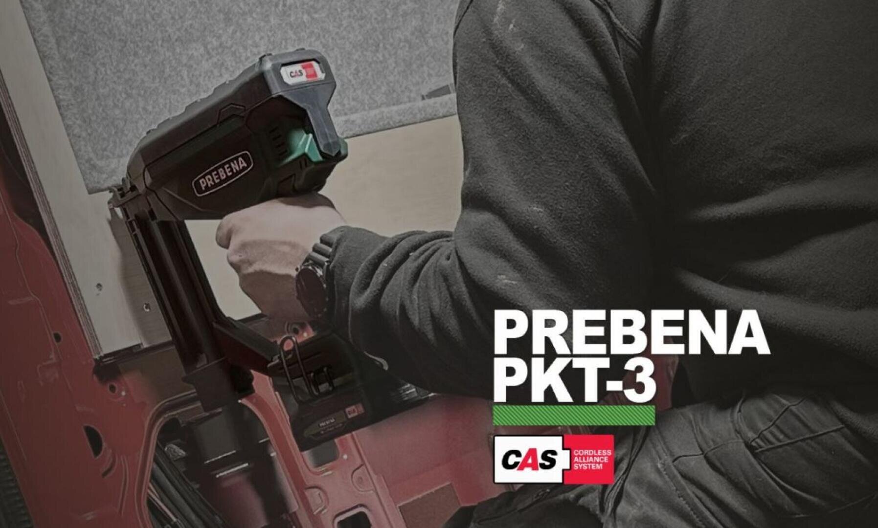 Une personne utilise un outil sans fil Prebena PKT-3 à l'intérieur d'un véhicule. L'outil porte une étiquette CAS (Cordless Alliance System). Le logo Prebena PKT-3 et le logo CAS apparaissent dans le coin inférieur droit.