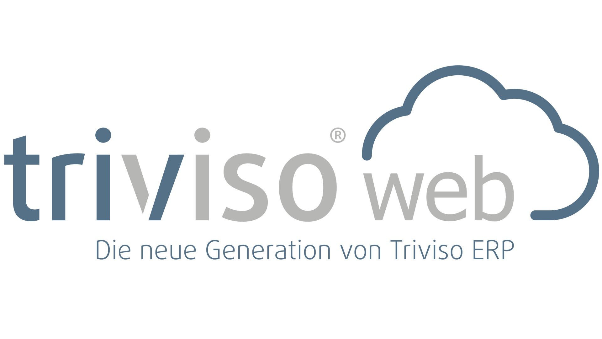 Logo mit dem Text triviso web neben einer umrandeten Wolkengrafik. Darunter steht auf Deutsch: Die neue Generation von Triviso ERP.