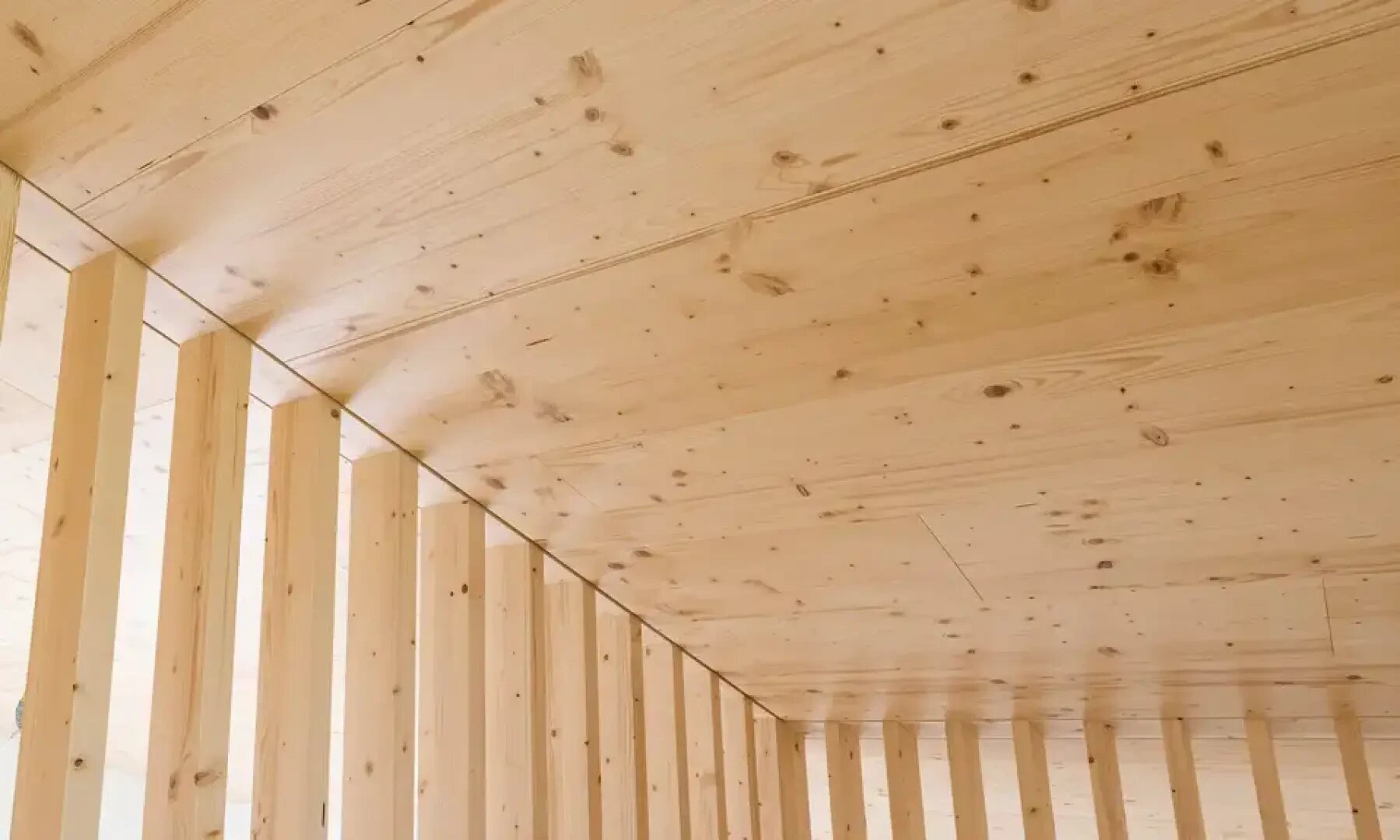 Eine Nahaufnahme einer modernen Holzdecke und -wand mit vertikalen Holzbalken und glatten, hellen Holzpaneelen.