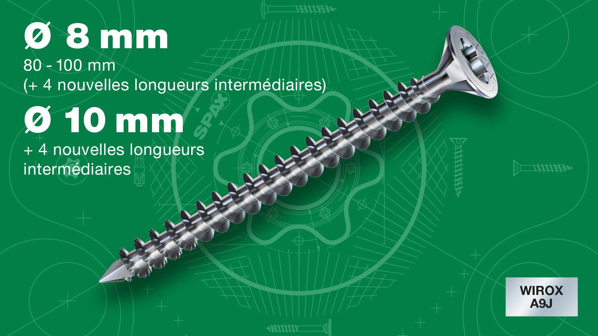 Une grande vis argentée est présentée en diagonale sur un fond vert avec des dessins techniques. Un texte blanc met en évidence les diamètres de 8 mm et 10 mm ainsi que les nouvelles longueurs intermédiaires. Le logo WIROX A9J apparaît dans le coin inférieur droit.