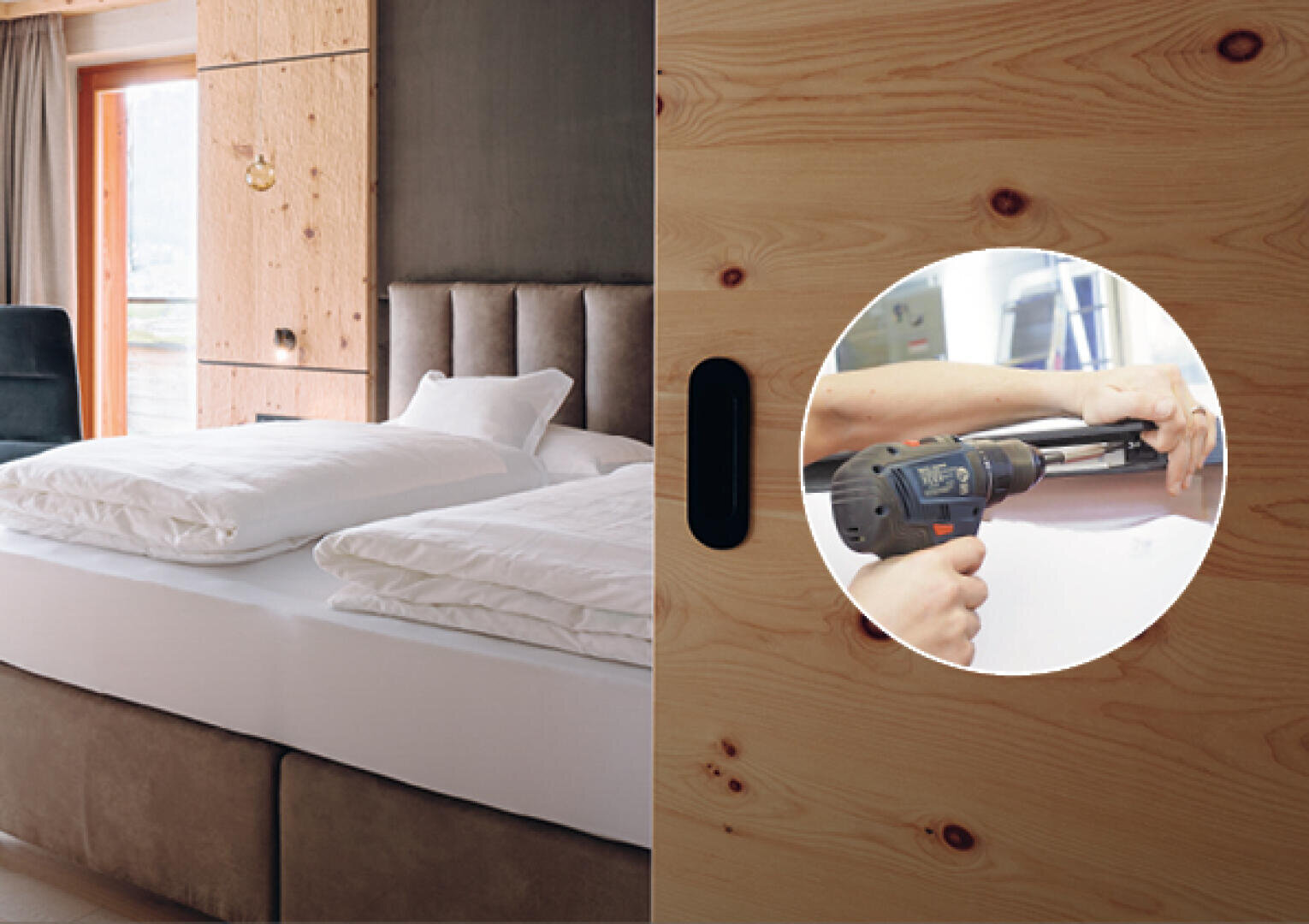 Ein gemütliches Hotelzimmer mit gemachten Betten ist links abgebildet, während eine Nahaufnahme auf der rechten Seite Hände zeigt, die einen elektrischen Bohrer benutzen, um einen Türgriff an einer Holztür anzubringen.