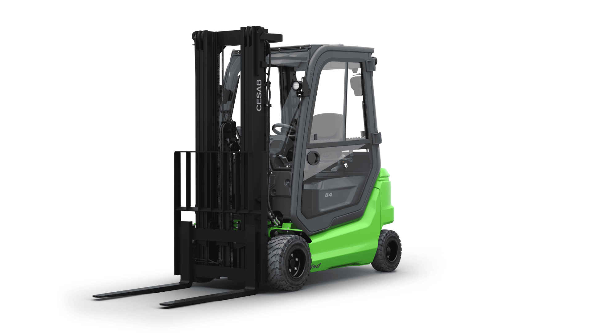 Un chariot élévateur moderne vert et noir avec une cabine de protection et des fourches relevées, vu de face à gauche sur un fond blanc sobre.