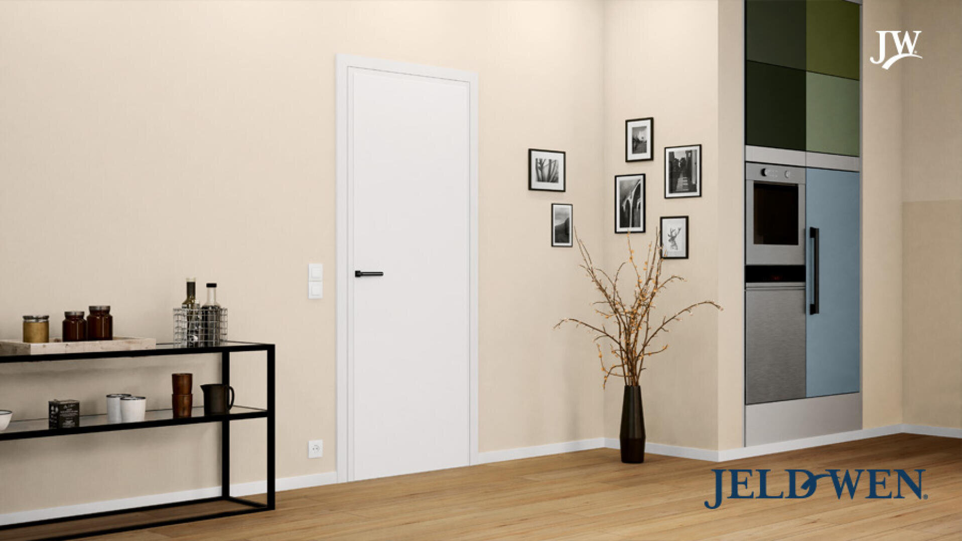 Ein modernes Interieur mit einer weißen Tür, beigen Wänden, einem schwarzen Regal mit Gläsern und Flaschen, gerahmten Bildern an der Wand, einer hohen Vase mit Zweigen und einer Teilansicht eines Küchenbereichs. Das JELD-WEN-Logo befindet sich unten rechts.
