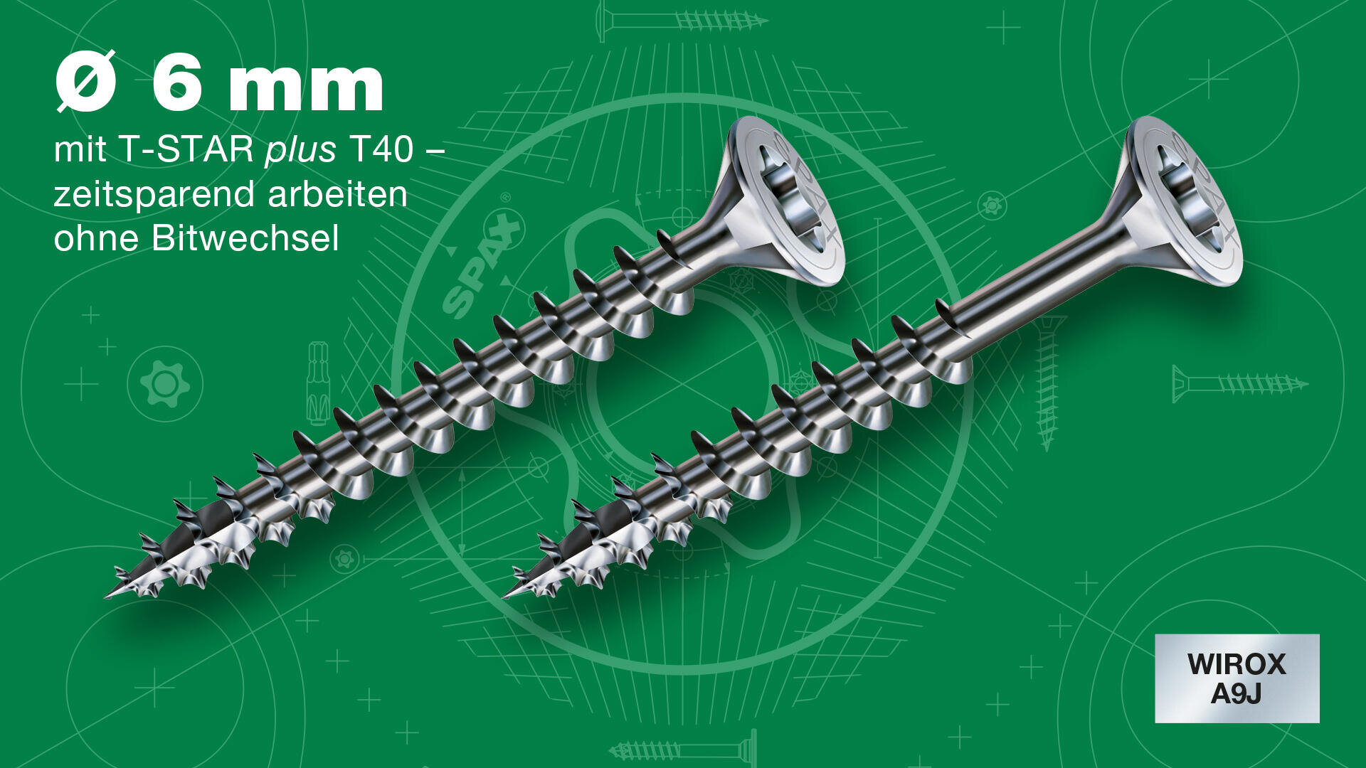 Zwei Metallschrauben mit breiten, flachen Köpfen und scharfen Gewinden, dargestellt auf grünem Hintergrund mit technischen Schemata. Der deutsche Text und die Angaben zu den Schrauben sind sichtbar, zusammen mit einem kleinen WIROX A9J-Aufkleber.