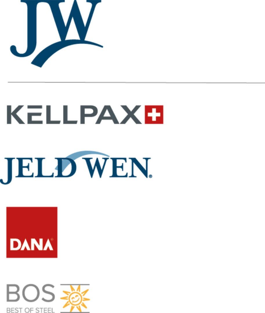 Eine Sammlung von fünf Firmenlogos: JW, KELLPAX mit einem roten Schweizerkreuz, JELD-WEN, DANA in einem roten Quadrat und BOS BEST OF STEEL mit einer Sonnengrafik.