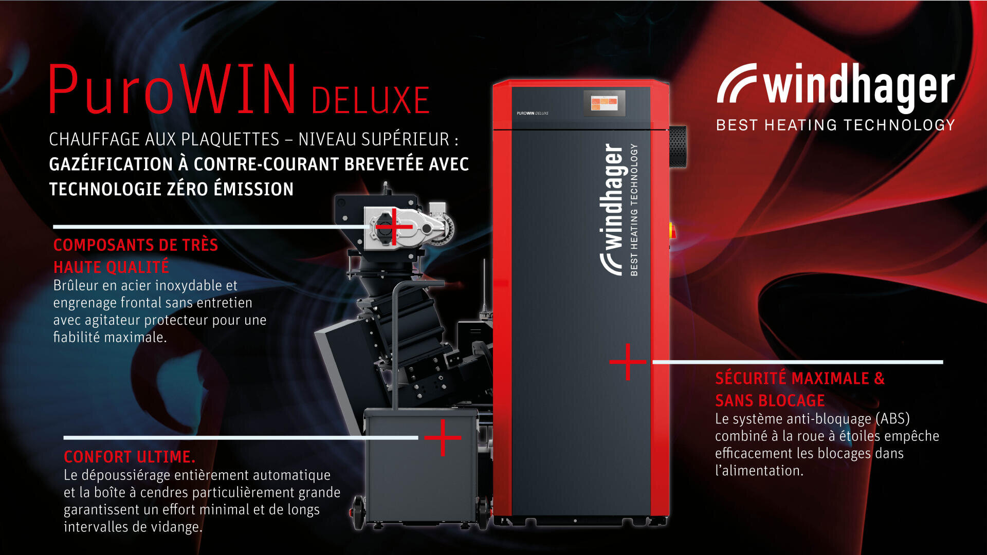 Un système de chauffage Windhager ProWIN Deluxe noir et rouge est présenté avec des caractéristiques étiquetées en français, mettant en évidence une sécurité élevée, un confort aisé et une technologie de gazéification avancée pour un chauffage efficace.