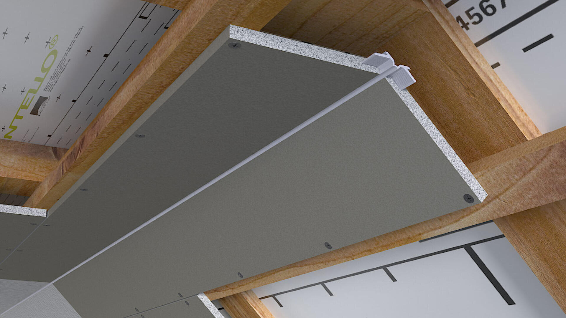 Nahaufnahme von Deckenplatten, die auf Holzbalken montiert werden, mit sichtbaren Schrauben und überlappenden Kanten, die Bau- oder Renovierungsarbeiten zeigen.