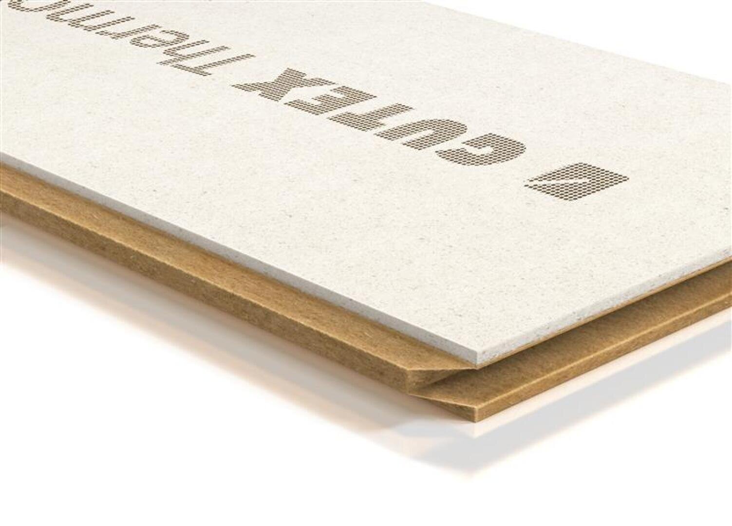 Nahaufnahme einer Dämmplatte mit weißer Oberfläche und braunem Kern, auf deren Deckschicht der Text CAVETEX THERMO aufgedruckt ist. Die Platte hat ineinander greifende Nut- und Federkanten.