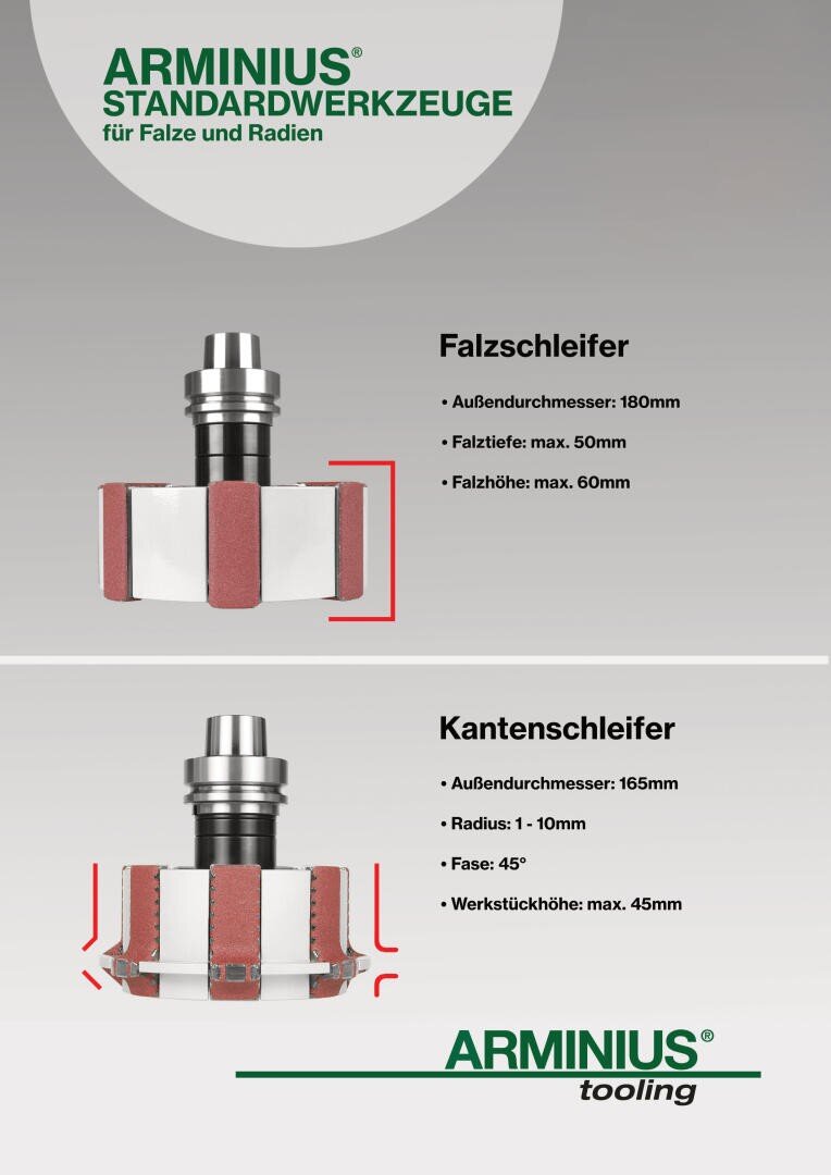 Eine Informationsgrafik, die zwei ARMINIUS-Schleifwerkzeuge mit Spezifikationen zeigt: einen Falzschleifer und einen Kantenschleifer, mit beschrifteten Abmessungen und Merkmalen an jedem Werkzeug.