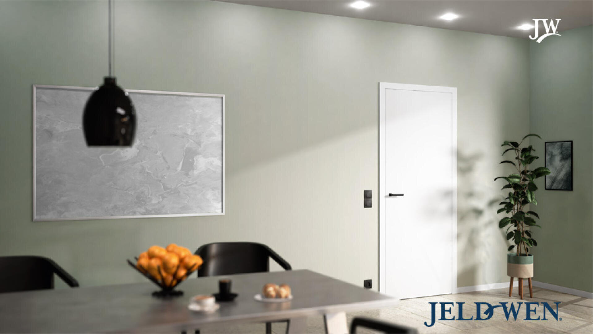 Salle à manger moderne avec une porte blanche, des chaises noires, une table avec des oranges, une suspension noire, une grande œuvre d'art murale abstraite et une grande plante dans le coin. Le logo JELD-WEN est visible dans le coin inférieur droit.