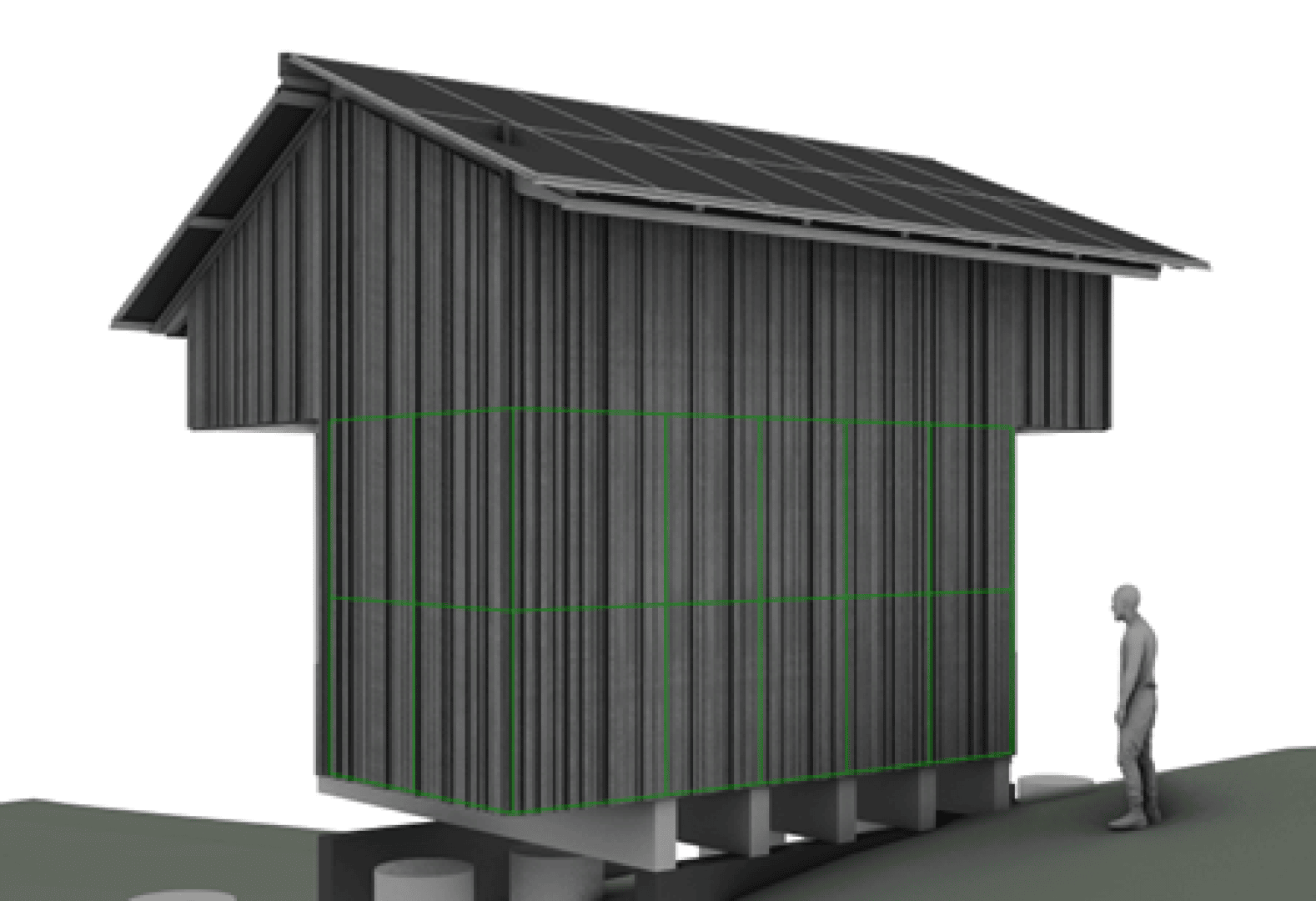 Eine Person steht neben einem kleinen, erhöhten Holzgebäude mit Solarzellen auf dem Dach, das von Betonpfeilern gestützt wird und von grünen Leitlinien umgeben ist.