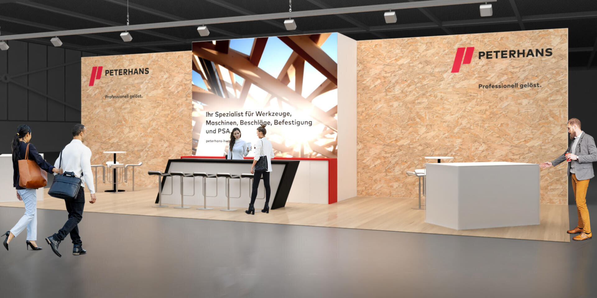 Ein moderner Messestand mit holzgetäfelten Wänden zeigt das Peterhans-Logo. In der Nähe von Theken und Sitzgelegenheiten gehen die Menschen umher und interagieren. Der Stand verfügt über eine Beschilderung und ein großes abstraktes Kunstwerk an der zentralen Wand.