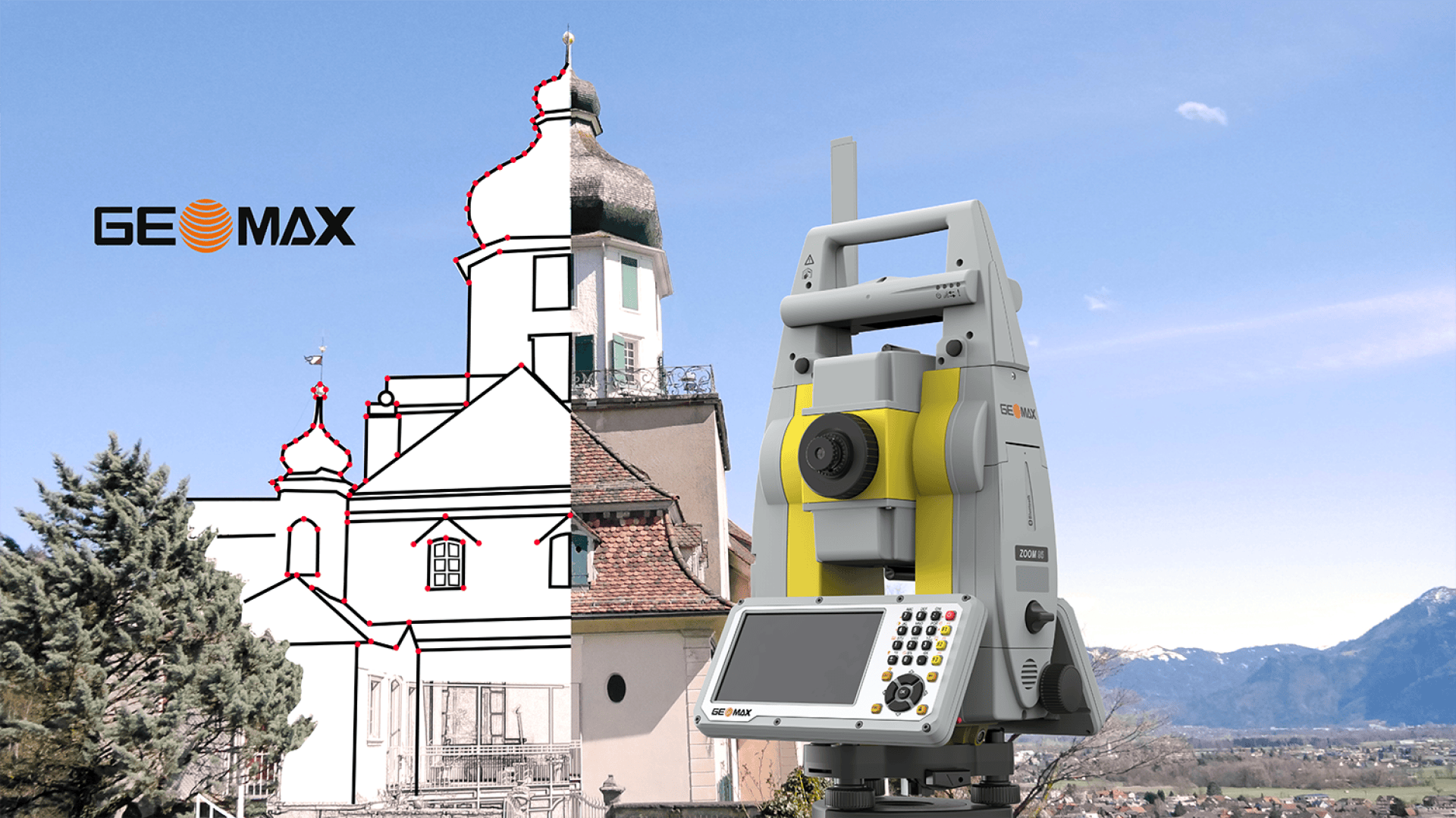 Im Vordergrund befindet sich ein GeoMax-Vermessungsinstrument mit einer teilweise rot umrandeten und schwarz skizzierten Kirche. Die Kirche steht vor einem Hintergrund aus blauem Himmel und entfernten Bergen. Das GeoMax-Logo befindet sich auf der linken Seite.