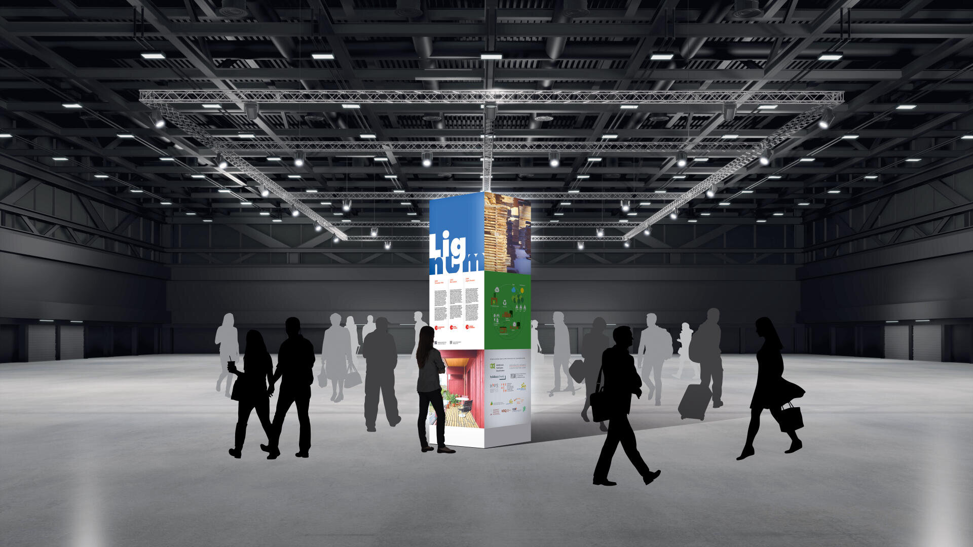 Silhouetten von Menschen laufen um eine hohe, beleuchtete Ausstellungssäule in der Mitte einer geräumigen, modernen Ausstellungshalle mit hohen Decken und Oberlicht. Auf der Säule sind Logos und Bilder zu sehen.
