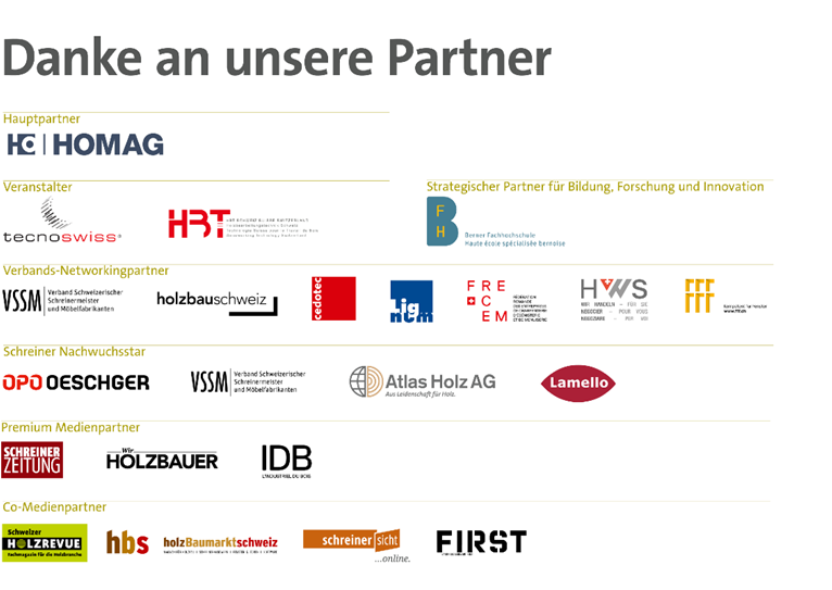 Eine Grafik mit der Überschrift Danke an unsere Partner zeigt Logos verschiedener Partner, die in Kategorien eingeteilt sind: Hauptpartner, Veranstalter, Verbands-Networkingpartner, Schreiner Nachwuchs, Premium Medienpartner und Co-Medienpartner.