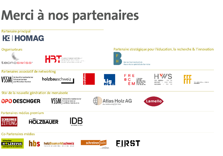 Un graphique intitulé "Merci à nos partenaires" présente les logos de diverses entreprises et organisations partenaires, regroupées par catégories telles que partenaire principal, organisateurs, partenaires stratégiques, mise en réseau, médias et partenaires premium.