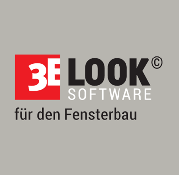 Logo mit einem roten Quadrat, das den weißen Text 3E enthält, daneben die Worte LOOK SOFTWARE in Schwarz und Weiß und darunter für den Fensterbau in Schwarz, auf grauem Hintergrund.