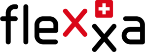 Das Wort flexxa in moderner schwarzer Schrift, das erste x in Rot und das zweite x gekrönt von einem roten Quadrat mit einem weißen Kreuz.