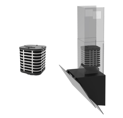 3D-Rendering, das einen schwarz-weißen Luftfilter neben einem durchsichtigen Gehäuse zeigt, in dem sich derselbe Filter befindet; das Ganze ist auf einem schwarzen Sockel mit einer schrägen Platte befestigt.