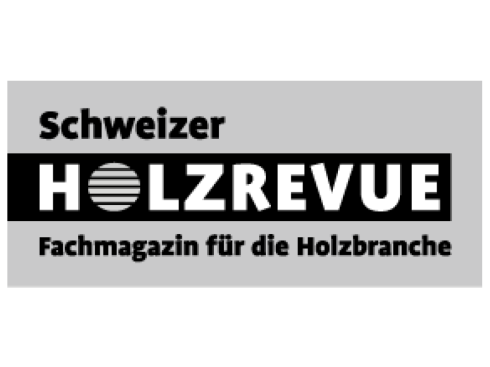 Logo der Schweizer Holzrevue, einem Fachmagazin für die Holzindustrie, mit fettem Text und einem stilisierten O, das an Holzmaserung erinnert. Untertext lautet: Fachmagazin für die Holzbranche.