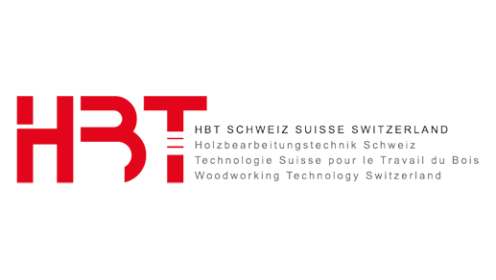 Logo mit grossen roten Buchstaben HBT auf der linken Seite, mit schwarzem Text auf der rechten Seite: HBT Schweiz Suisse Switzerland und Übersetzungen für Woodworking Technology Switzerland in Deutsch, Französisch und Englisch.