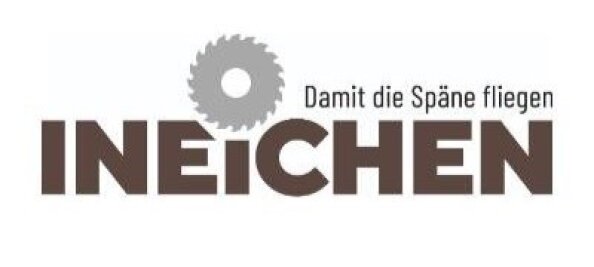 Logo für INEICHEN mit einem Kreissägeblatt, das den Buchstaben O ersetzt. Der Text darüber lautet: Damit die Späne fliegen.