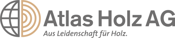 Logo der Atlas Holz AG mit einer stilisierten Weltkugel und einer Holzringgrafik auf der linken Seite, sowie dem Firmennamen in großer grauer Schrift. Darunter, in kleinerer Schrift: Aus Leidenschaft für Holz.