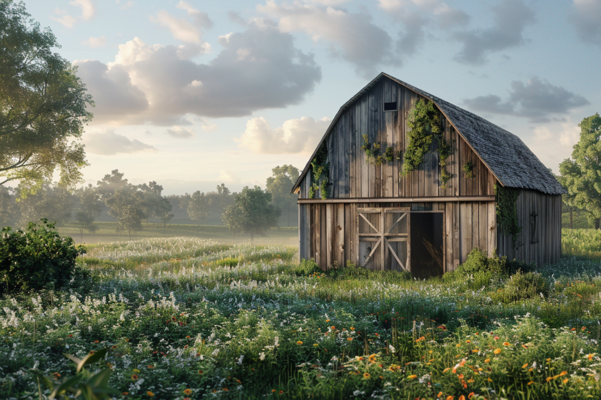 Eine rustikale Holzscheune, an deren Wänden Efeu wächst, steht in einem Feld mit Wildblumen und hohem Gras unter einem teilweise bewölkten Himmel, mit Bäumen im Hintergrund und sanftem Morgenlicht, das die Szene beleuchtet.