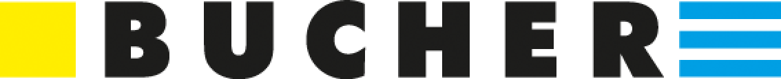 Logo mit dem Wort BUCHER in fetten schwarzen Buchstaben. Auf der linken Seite befindet sich ein gelbes Rechteck, und auf der rechten Seite befinden sich drei horizontale blaue Streifen. Der Hintergrund ist weiß.