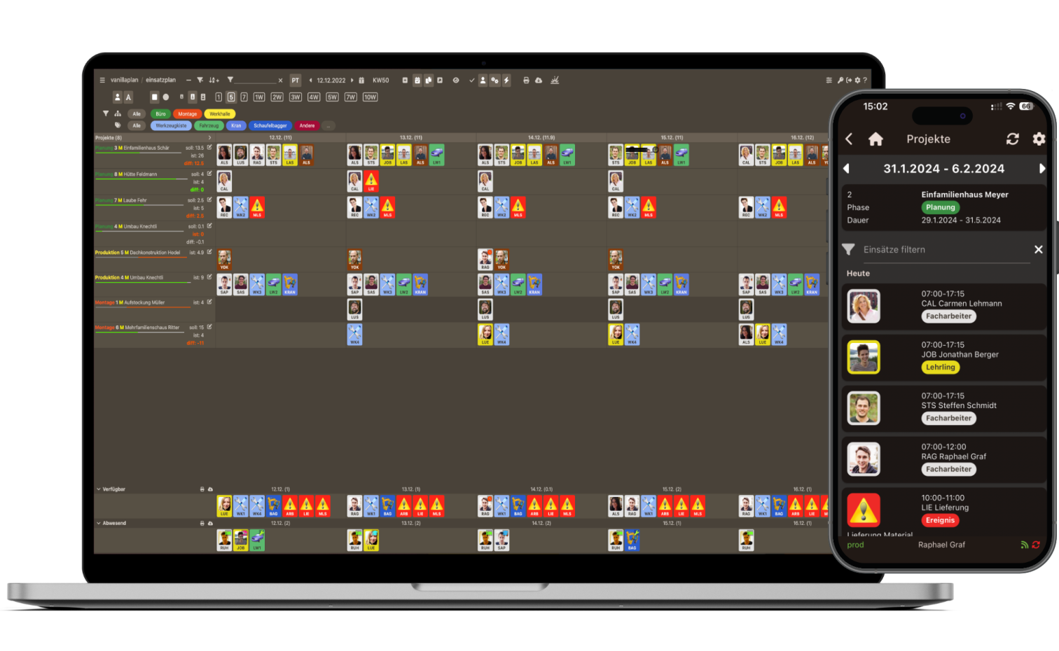 Ein Laptop und ein Smartphone zeigen ein Projektmanagement-Tool mit einer Kalenderansicht mit farbigen Symbolen, Aufgaben und Benutzerprofilbildern, die nach Wochen geordnet sind. Auf dem Telefon werden Projektdetails und Teammitglieder angezeigt.