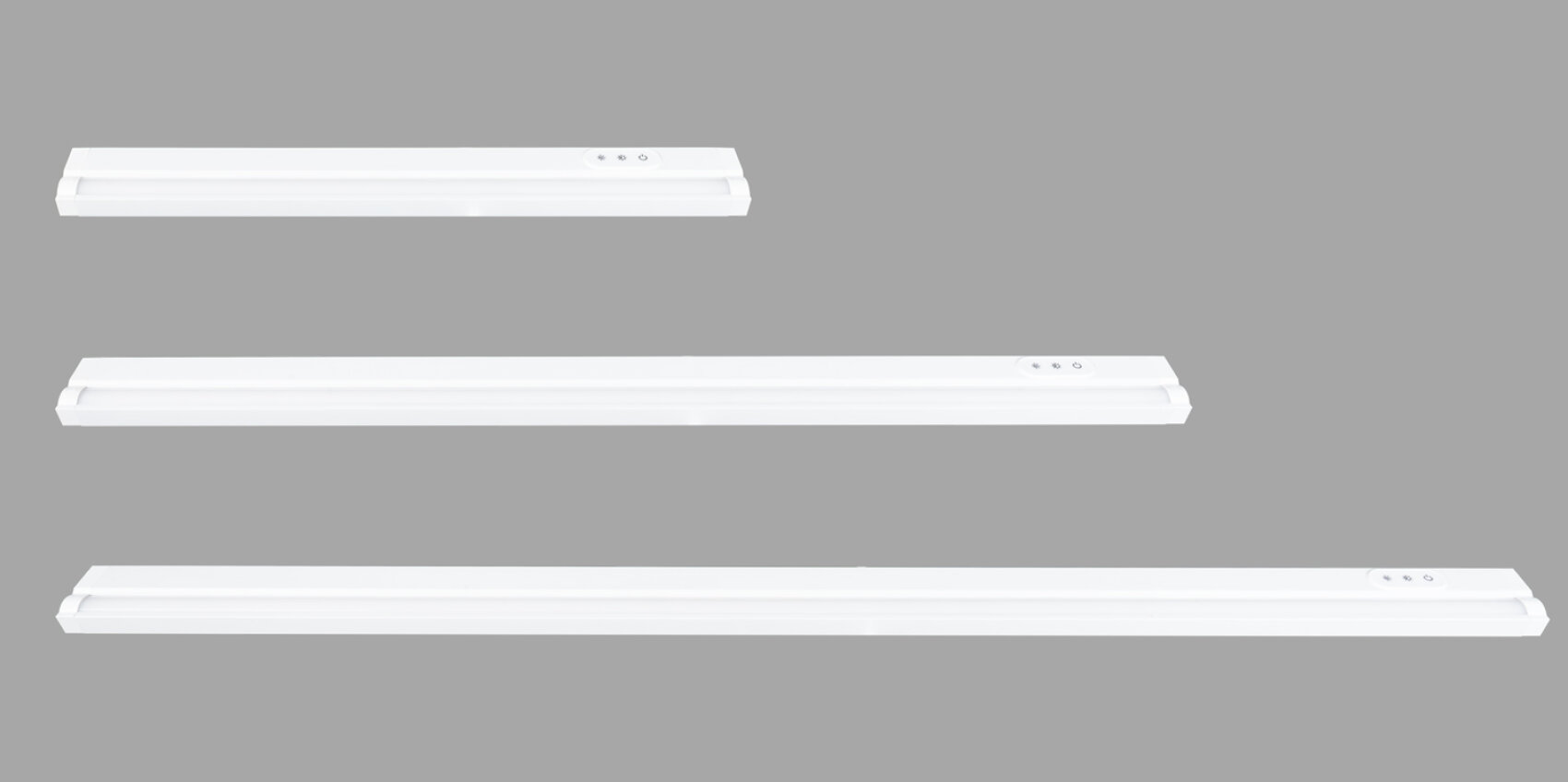 Vor einem einfarbig grauen Hintergrund sind drei unterschiedlich lange weiße LED-Lichtbalken zu sehen, die von links oben nach rechts unten gestaffelt angeordnet sind.