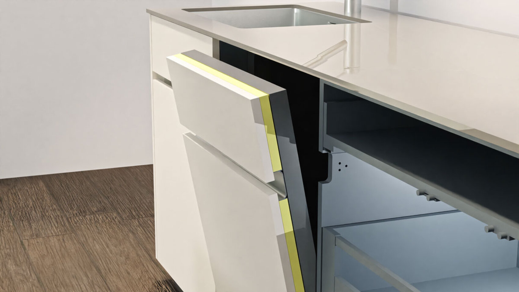 Eine moderne Küche mit einem weißen Schrank, dessen Tür zerbrochen oder falsch ausgerichtet ist und der schräg unter einer Spüle und einer Arbeitsplatte auf einem dunklen Holzfußboden hervorragt.