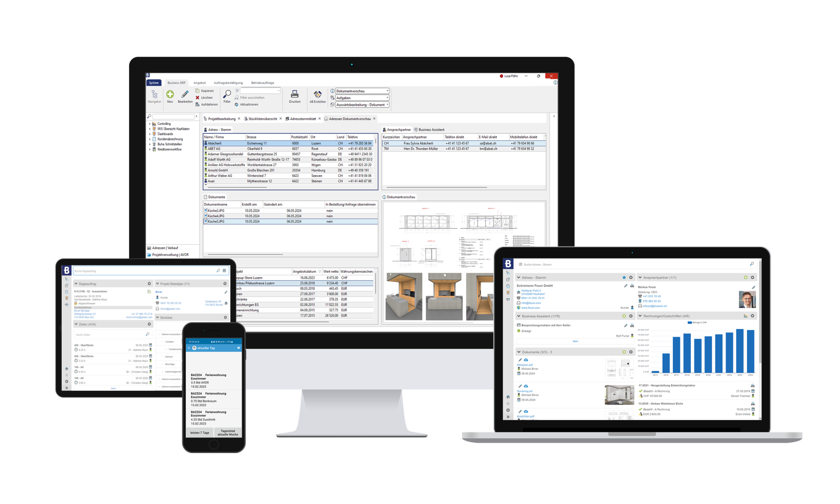 Auf vier Geräten - einem Desktop-Monitor, einem Laptop, einem Tablet und einem Smartphone - werden verschiedene Dashboards für Unternehmenssoftware mit Tabellen, Diagrammen und Bildern auf weißem Hintergrund angezeigt, um die geräteübergreifende Zugänglichkeit und Benutzerfreundlichkeit zu veranschaulichen.