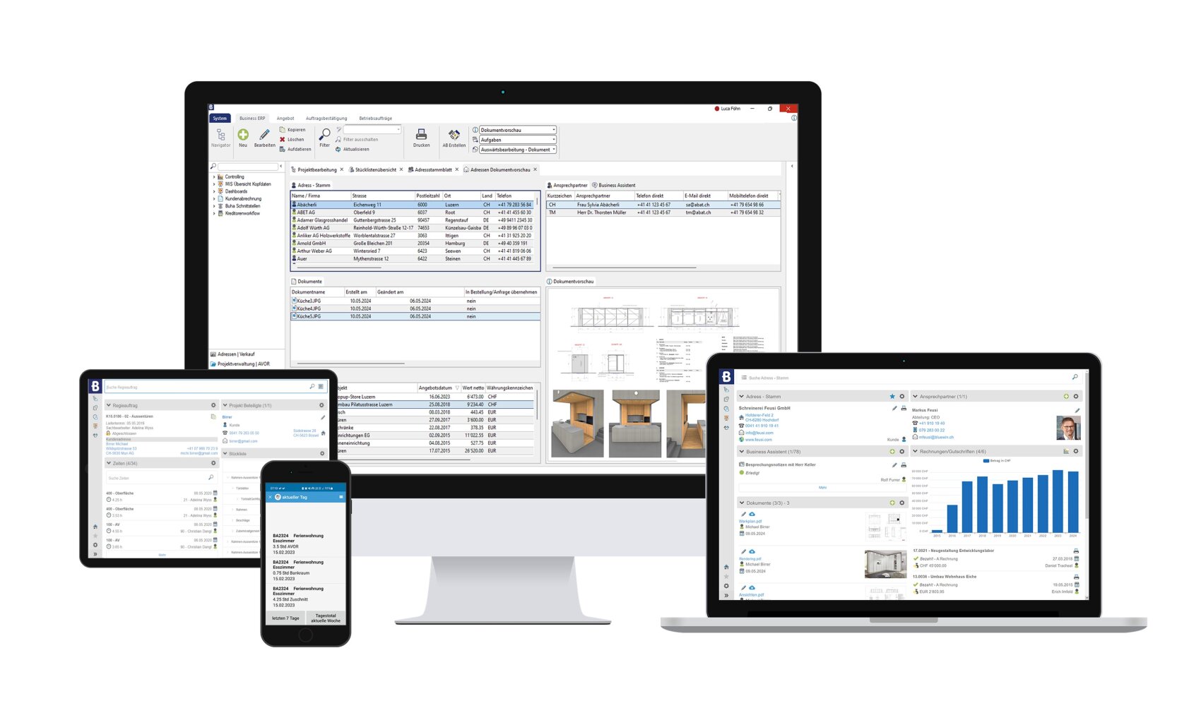 Quatre appareils (smartphone, tablette, ordinateur portable et écran de bureau) affichent diverses interfaces de logiciels professionnels avec des graphiques, des tableaux et des images sur fond blanc. Les écrans présentent des outils de gestion des données et d'analyse.